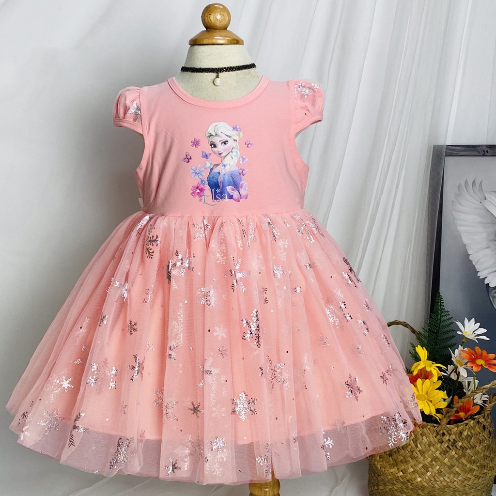 Đầm thun chân voan công chúa elsa hồng dâu ngọt ngào bé gái