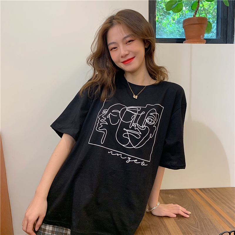 SUXI Áo thun ngắn tay cổ tròn in họa tiết cổ điển thời trang hàn quốc