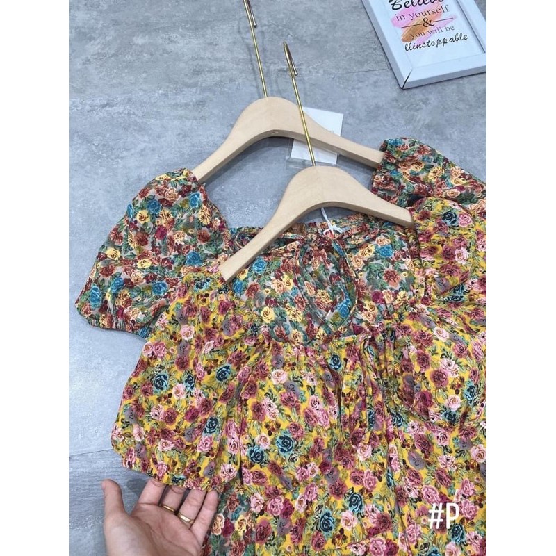 Đầm Maxi hoa thiết kế tay bồng cổ vuông tay bồng thời trang⚡️2 màu ảnh thật