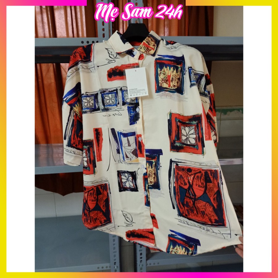 Áo sơ mi nữ form rộng tay lỡ freesize Mẹ Sam 24h, chất liệu đũi mềm mát, họa tiết in hình Ô Tranh