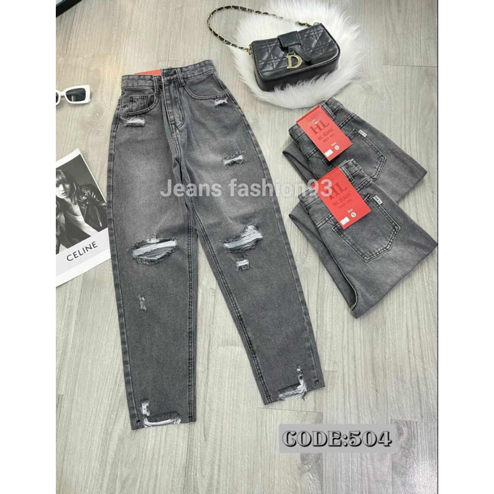 Quần Baggy jean nữ rách gối ngang sước 2 màu Xanh/ Xám - Quần bò nữ cạp cao lai cắt phong cách cá tính