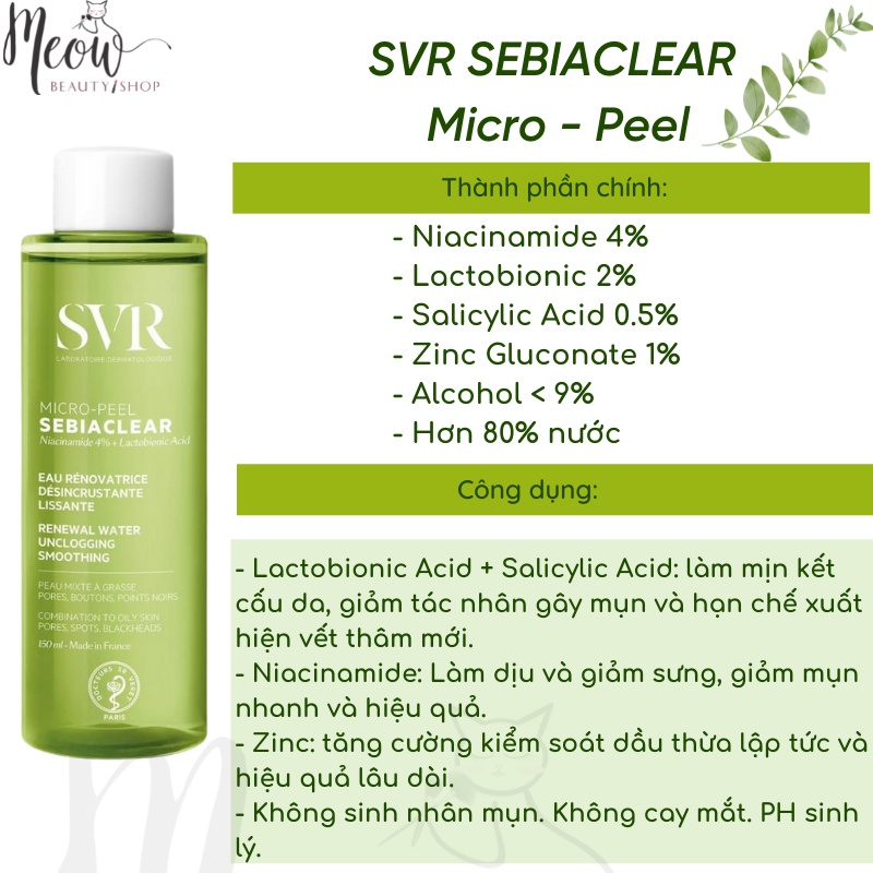 Nước cân bằng da dành cho da dầu, mụn, thông thoáng lỗ chân lông SVR Sebiaclear Micro Peel 150ml