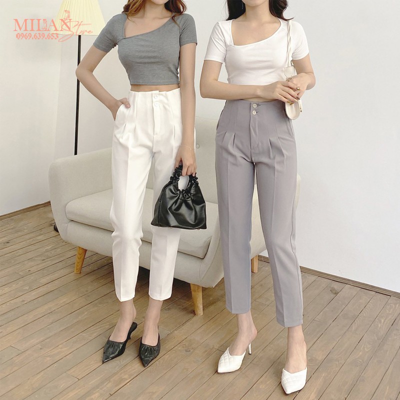 Quần tây công sở nữ dáng dài cạp liền cao 2 nút cúc cài - Dáng quần baggy vải xếp ly màu đen cho nữ mặc đi làm học đẹp