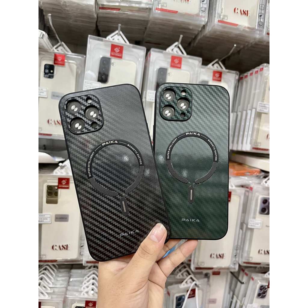 Ốp lưng PAIKA lưng cứng vân cacbon viền dẻo hỗ trợ sạc magsafe không dây cao cấp iPhone X XS 11 12 13 PRO MAX