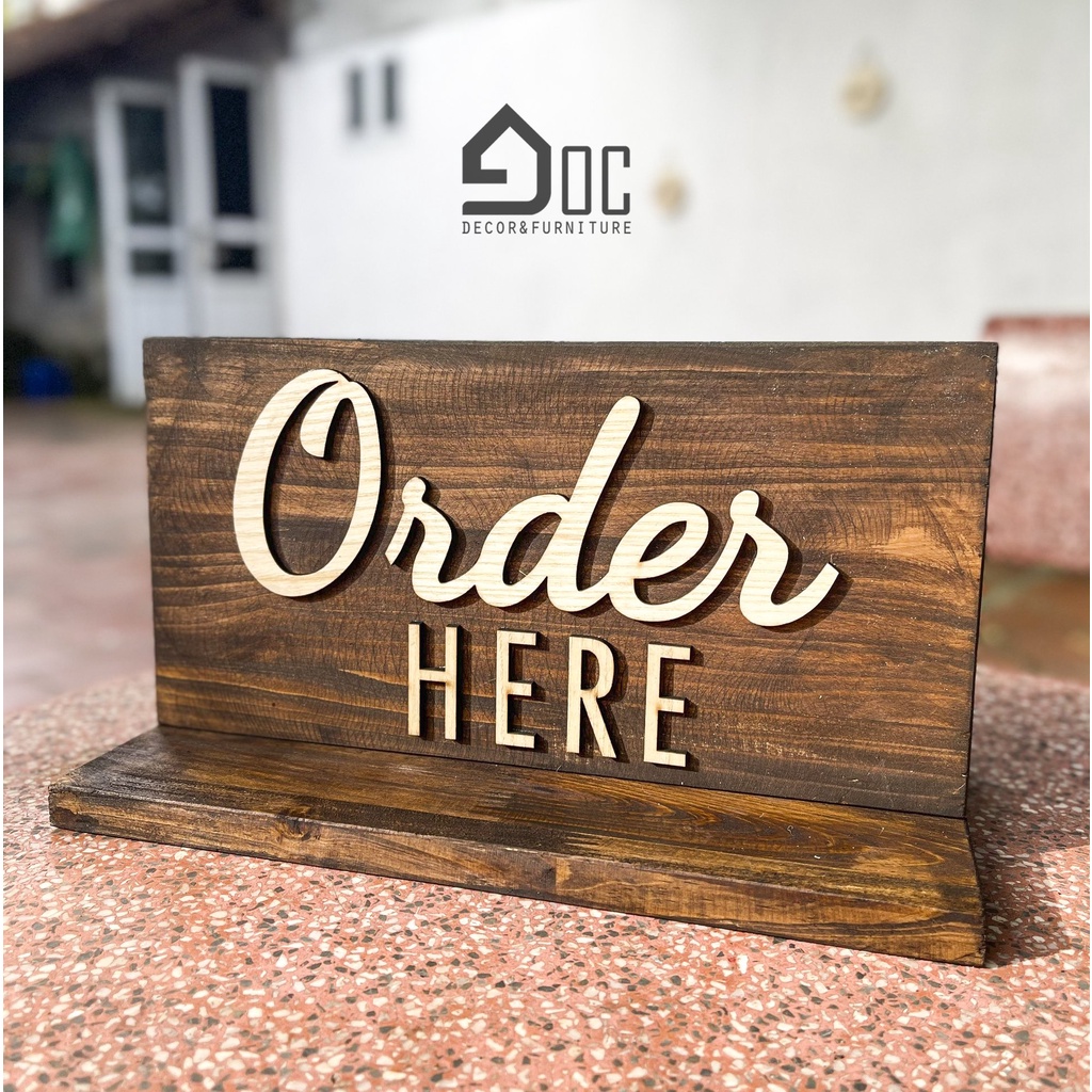 Biển Bảng Gỗ Order Here Gọi Món Tại Đây Có Đế, Dây Treo Góc Decor