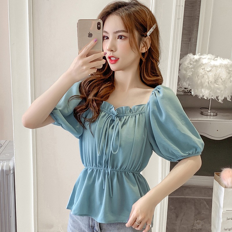 áo sơ mi nữ nơ ngực bo tay cổ vuông