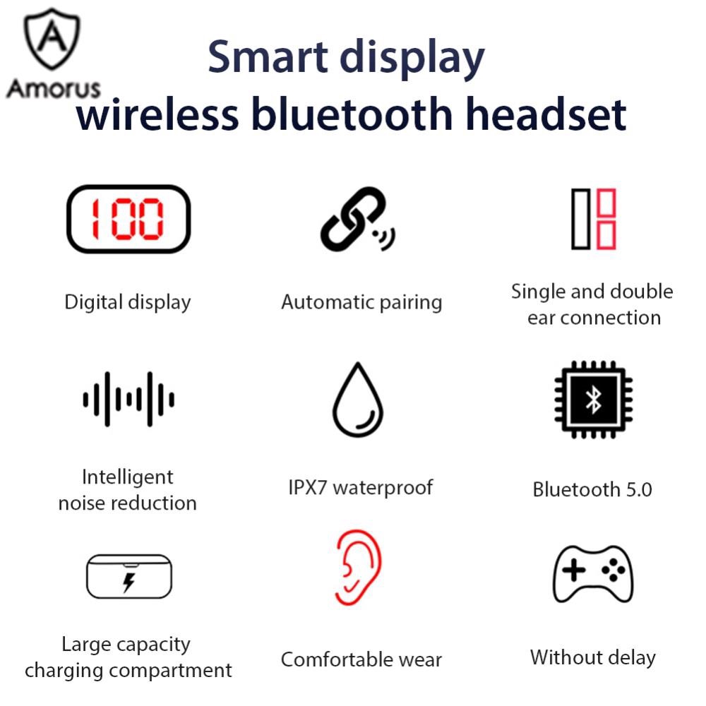 Tai Nghe Thể Thao Không Dây Amorus Bluetooth 5.0 TWS Có Màn Hình Đèn LED Kỹ Thuật Số