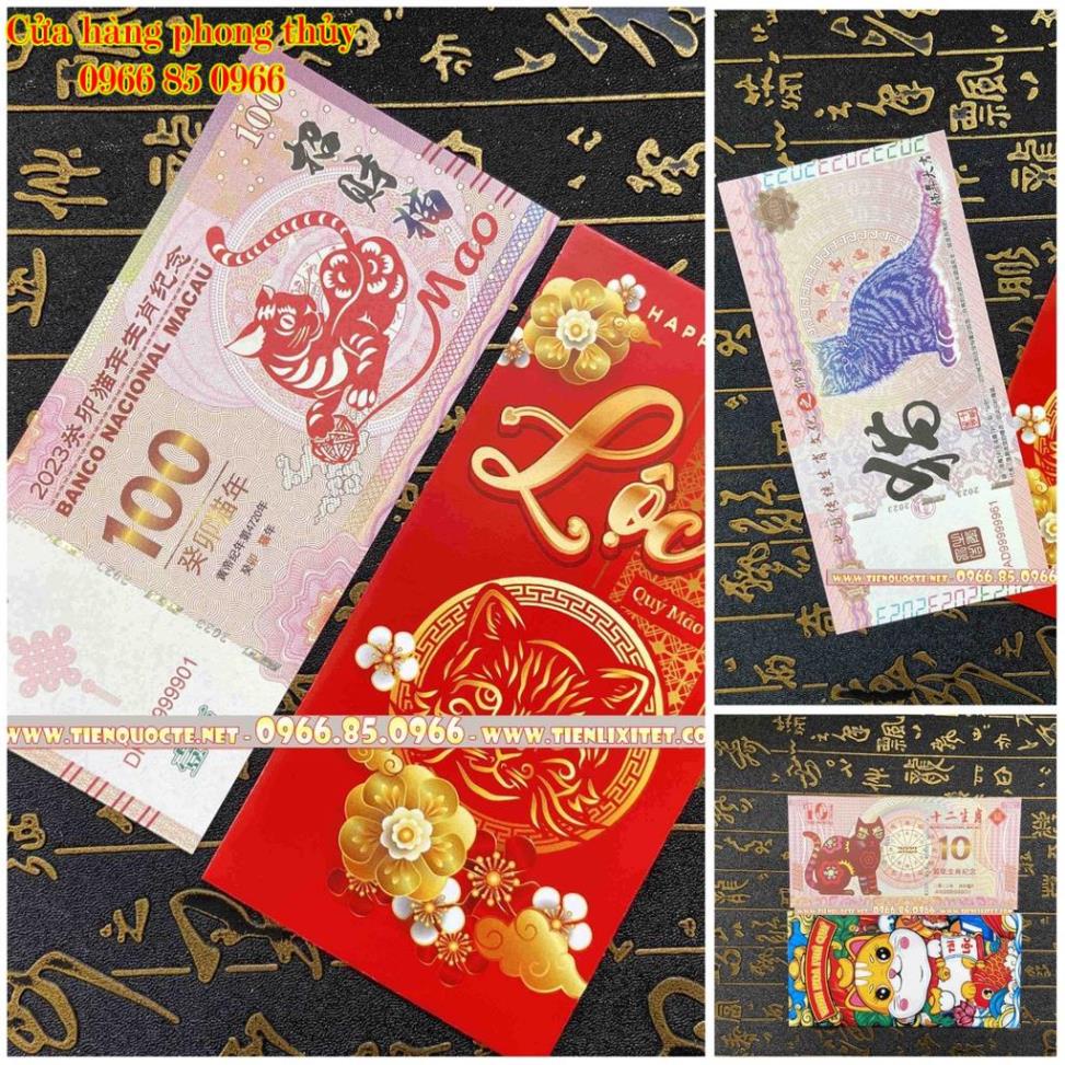 Set 3 tờ Lì xì Tiền in hình con mèo Macao 100,10 Trung Quốc năm 2023