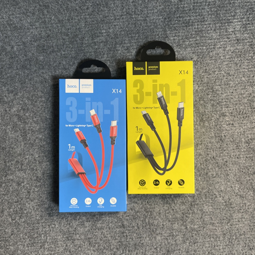 Dây sạc 3 đầu hoco x14 3 in 1 đầu nối hợp kim nhôm, đây bọc dù siêu bền chính hãng bảo hành 12 tháng freeship