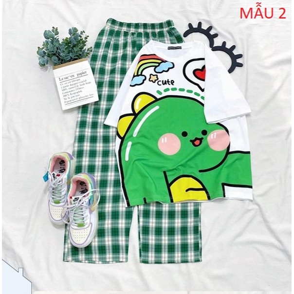 Sét Bộ Áo In Hình Cute Và Quần Kẻ Đẹp Mặc Mùa Hè, Mặc Ở Nhà, Áo Phông Cotton Mát Mịn Phong Cách Hàn Quốc