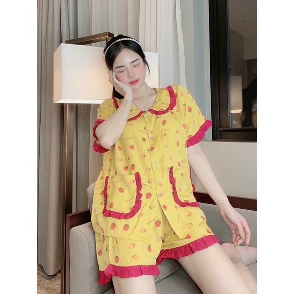 Bộ đồ ngủ pijama tay ngắn quần dài quần đùi chất vải đũi phối ren xốp siêu mịn mát kiểu dáng dễ thương trơn