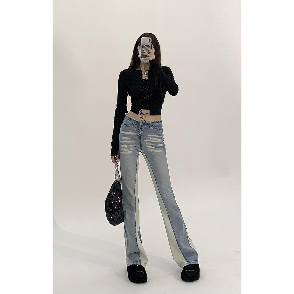 Quần jeans loe cạp thấp màu tương phản thời trang phong cách Mỹ cho nữ