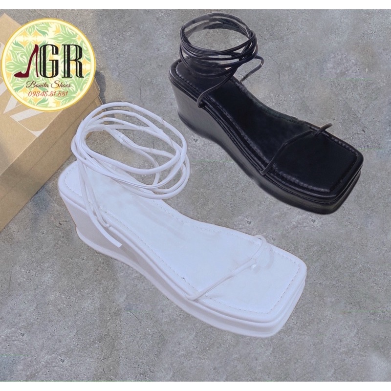 CÓ SẴN Sandal xuồng xỏ cột dây cổ cao da mềm 7 cm