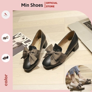 Giày da nữ cao gót nơ lụa đế vuông 5cm