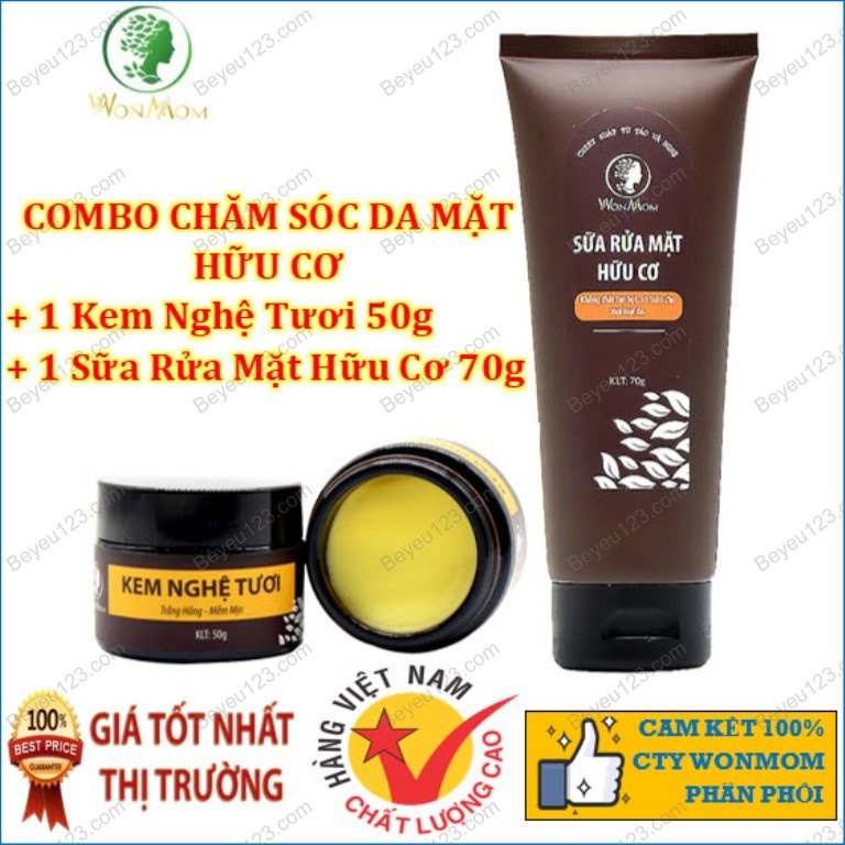 Combo Bộ chăm sóc da mặt hữu cơ Wonmom -  giúp da sáng khỏe - trắng hồng mịn màng ( 1 kem nghệ+1 sữa mặt) WM