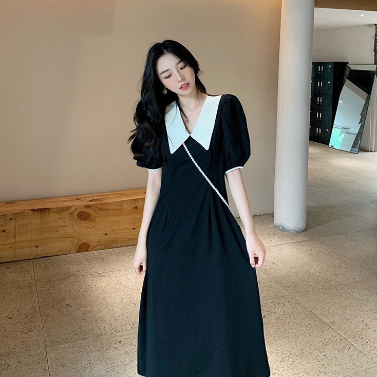 Váy đầm đen cổ trắng dáng dài tay ngắn basic công sở phong cách Ulzzang