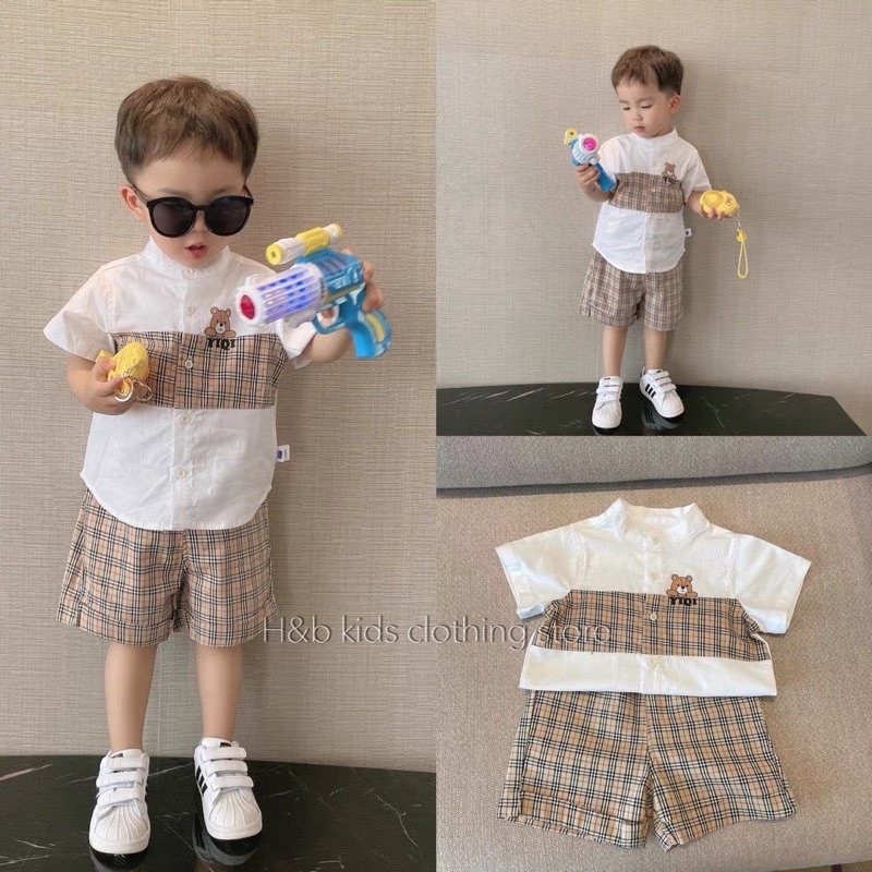 bộ áo gấu cổ trụ quần kẻ bbr hb cho bé