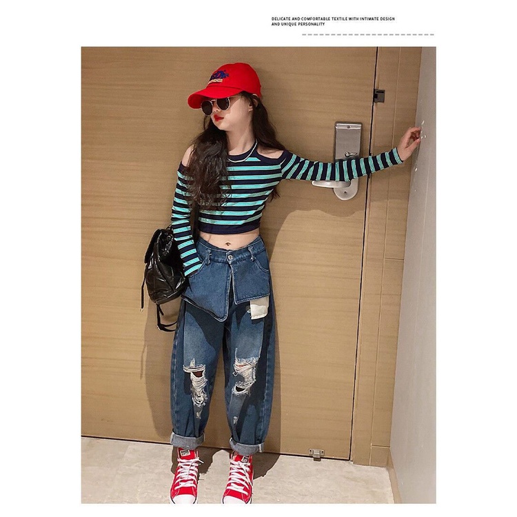 Gmn Set Áo Thun Tay Dài Hở Vai Phối Quần Jean Rách Thời Trang Mùa Thu Cho Bé Gái