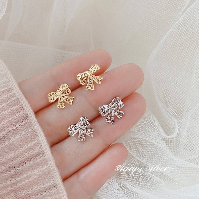 Bông tai, Khuyên tai nữ bạc mạ vàng nơ đan đáng yêu| TIỆM BẠC AGAPE