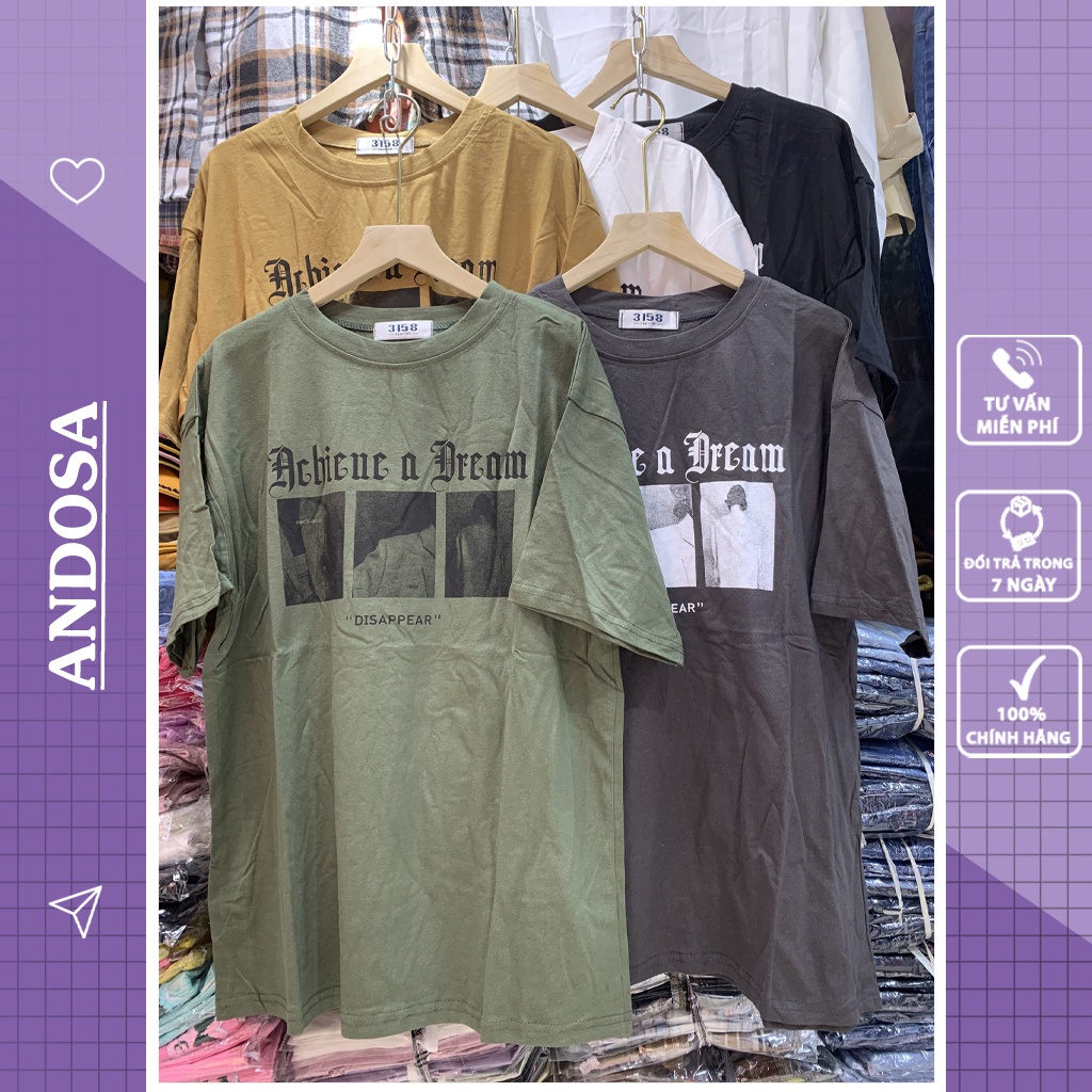 Áo phông Unisex 3158 form rộng tay lỡ in chữ thun nam nữ chất cotton hàng Quảng Châu ANDOSA AT12