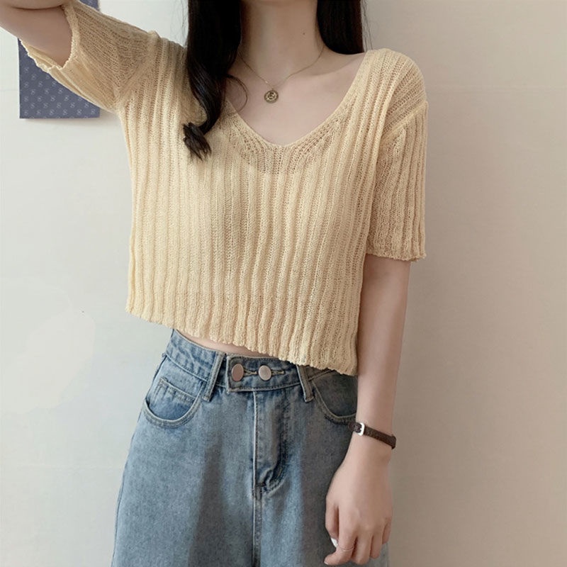 Áo Dệt Kim Cổ Chữ V Màu Sắc Đơn Giản Phong Cách Hàn Quốc Cho Nữ