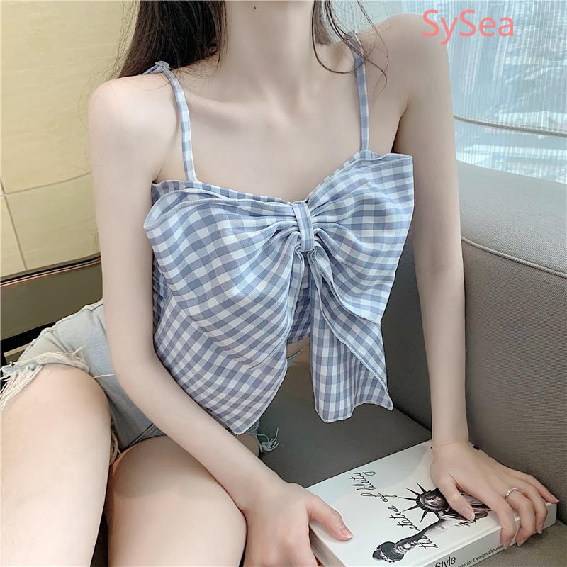 Áo Croptop Hai Dây Thắt Nơ Kẻ Sọc Caro Xinh Xắn Cho Nữ