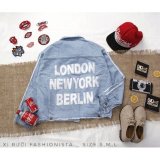[Size S,M,L] Áo khoác jean unisex nam nữ phối sọc in chữ London Newyork Berlin