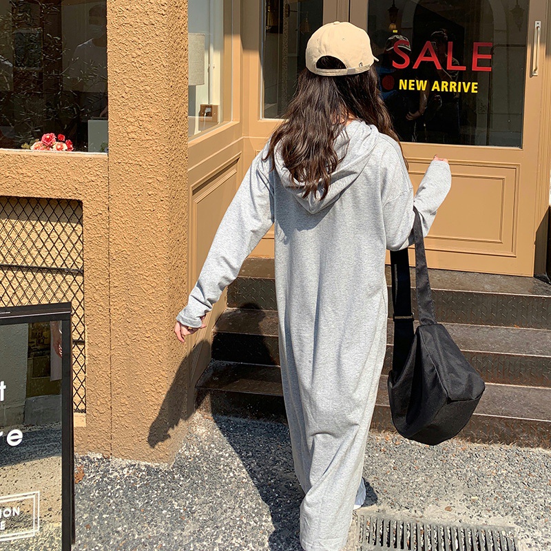 SUXI Đầm hoodie dài tay phong cách vintage Hàn Quốc cho nữ