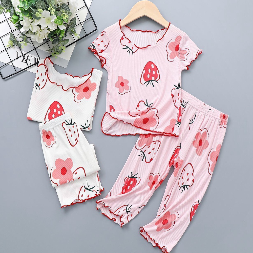 Bộ Đồ Ngủ Tay Ngắn Vải Lụa Lạnh Mỏng Thời Trang Mùa Hè Dành Cho Bé Gái