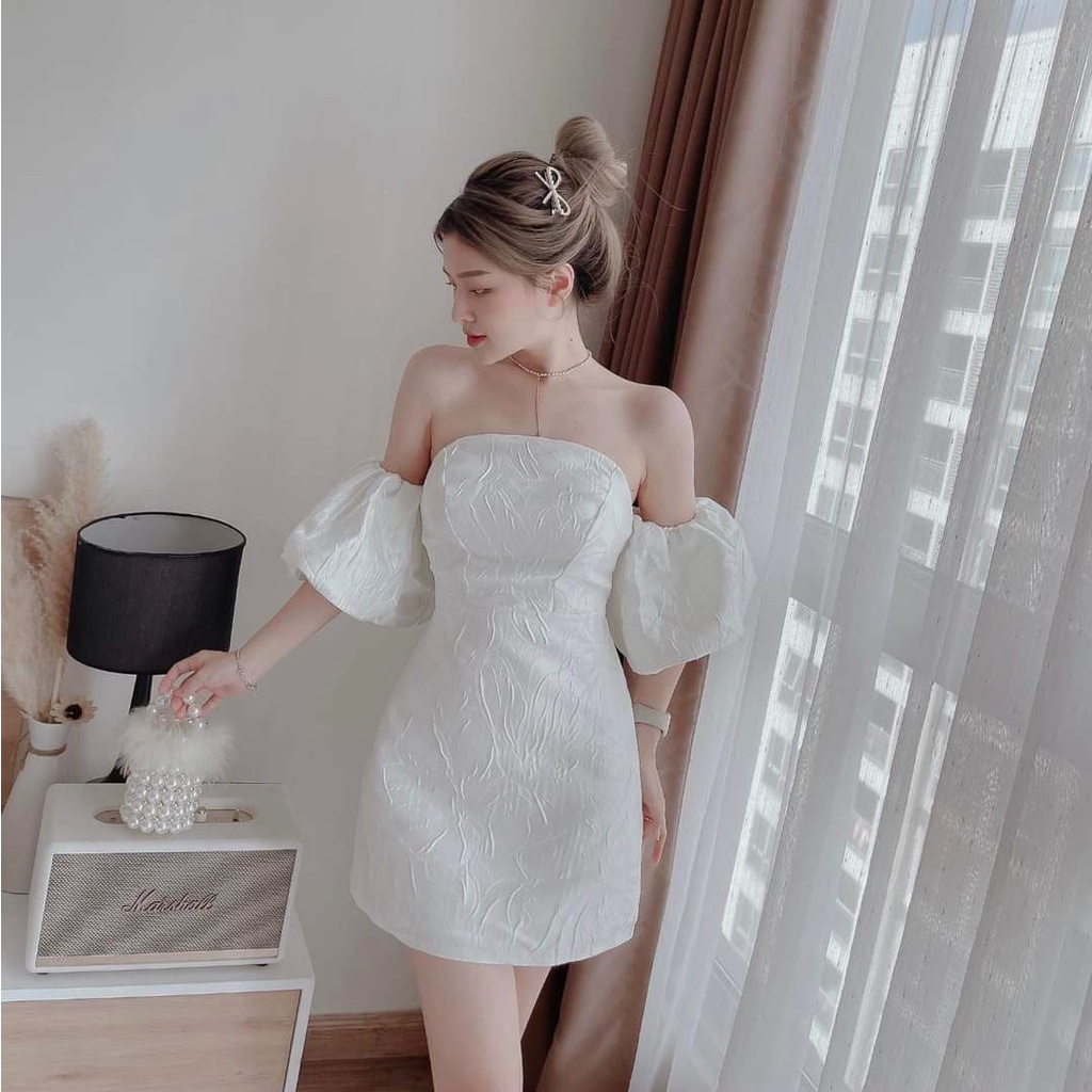 Váy đầm nữ màu trắng dáng ôm tay bồng trễ vai cúp ngực quyến rũ