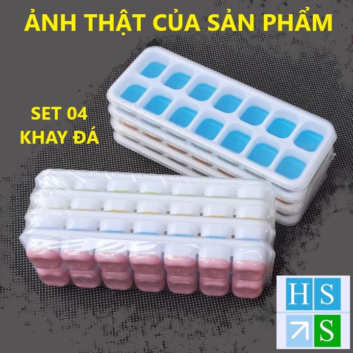 SET 04 Khay đá silicon (14 ngăn , 4 mầu) có nắp đậy không dính mùi thực phẩm, làm rau câu, làm kem, khay trữ đông ăn dặm