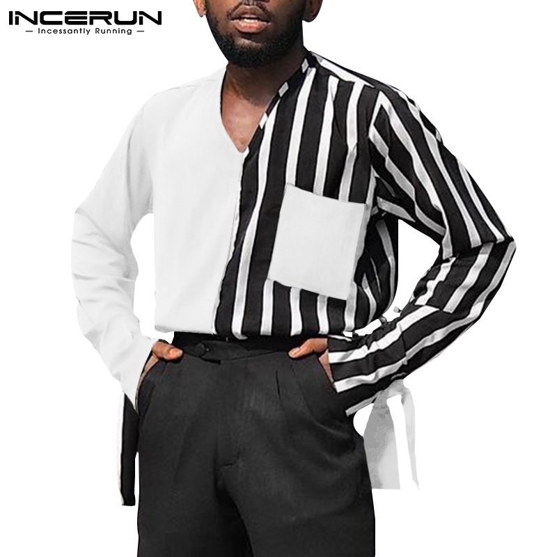 Áo sơ mi INCERUN tay dài cổ chữ v thời trang sành điệu cho nam
