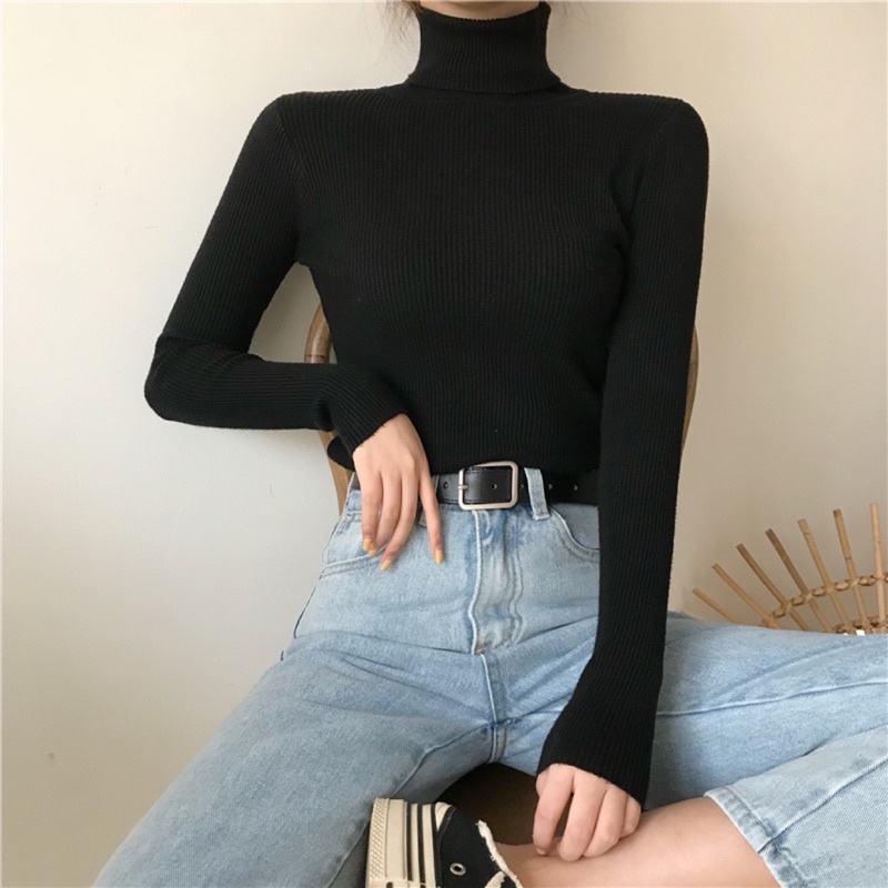 Áo len thun cổ lọ cao cổ nữ dài tay dáng ôm body màu đen, màu trắng, màu kem