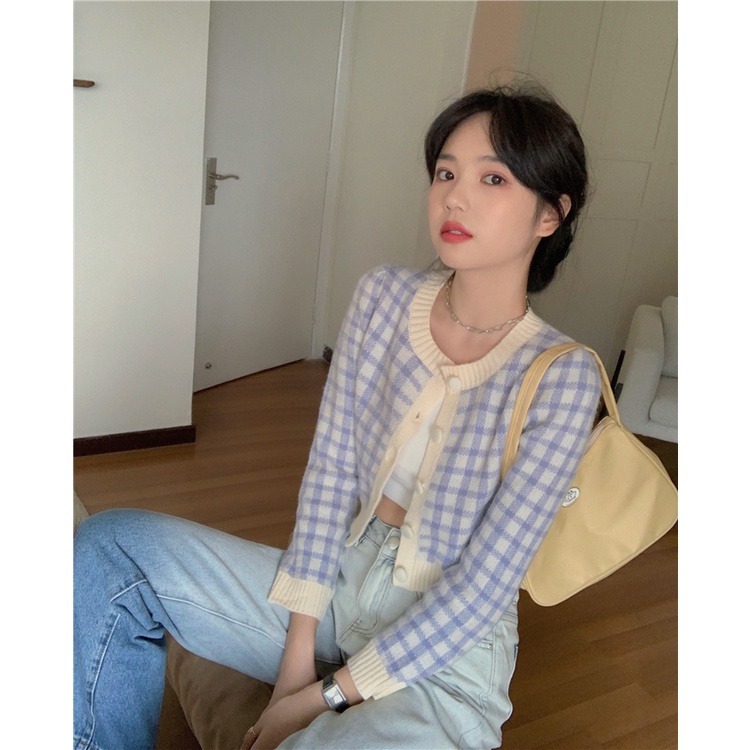 Porozi  Áo khoác cardigan dệt kim tay dài họa tiết sọc caro phong cách Hàn quốc thời trang
