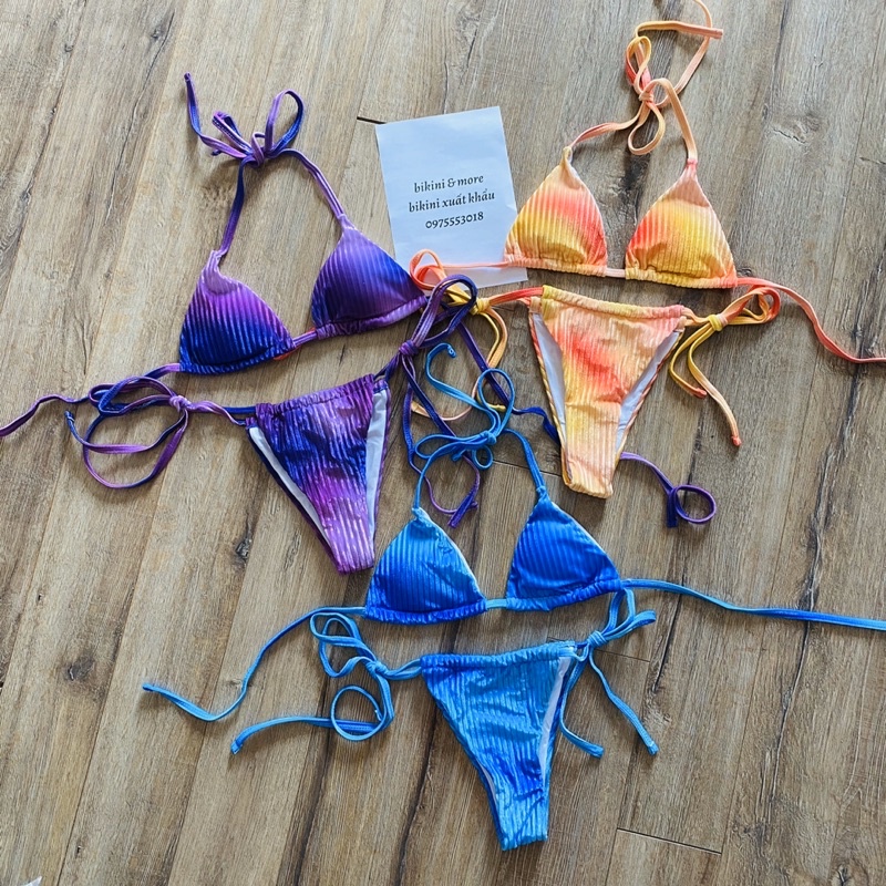 [BKN1385] &lt;ÂU&gt; SET BIKINI TRIANGLE NHUNG GÂN OMBRE CAM/TÍM