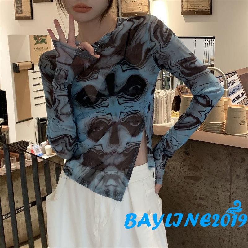 Áo dài tay thiết kế xẻ tà in họa tiết độc đáo thời trang cho nữ