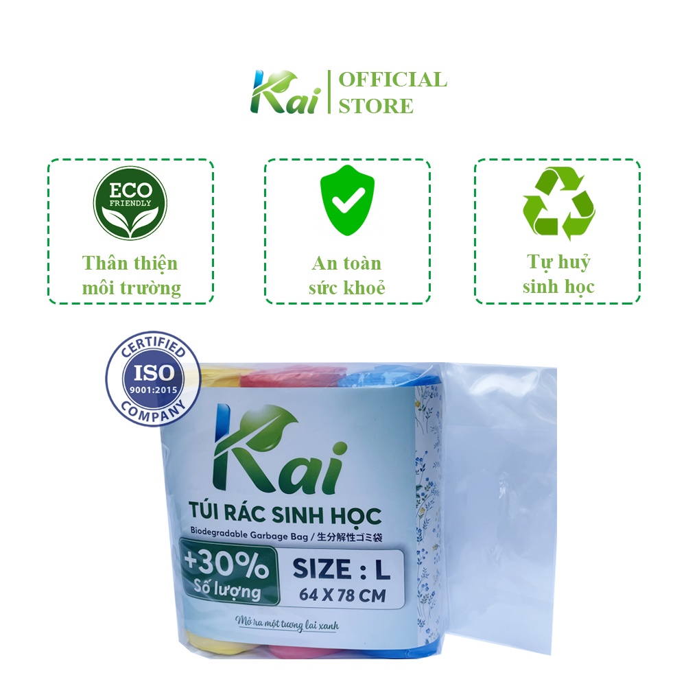 Lô 3 CUỘN TÚI RÁC TỰ HUỶ SINH HỌC KAI 3 MÀU, đủ 3 SIZE, thân thiện môi trường, an toàn sức khoẻ, tiết kiệm đến 30%