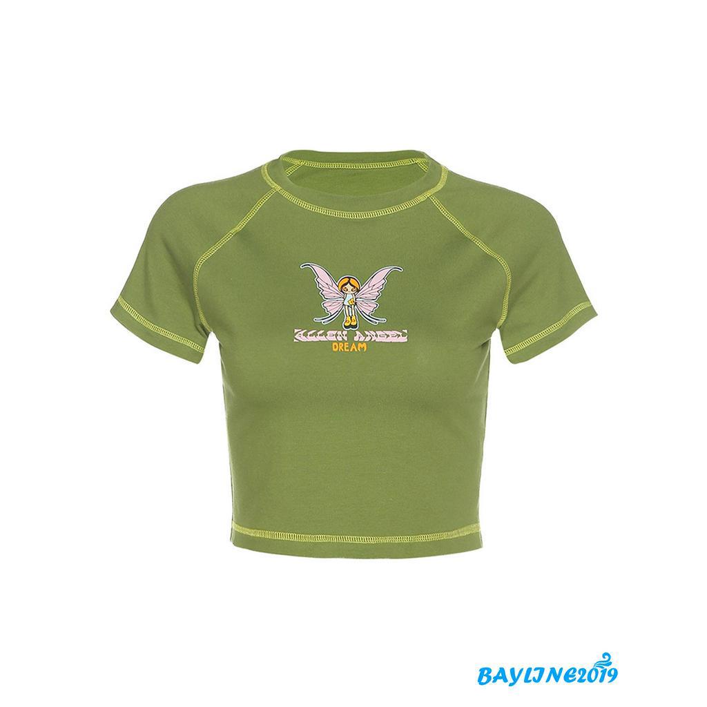 Áo Thun Lửng Ngắn Tay In Họa Tiết Hoạt Hình Dành Cho Nữ