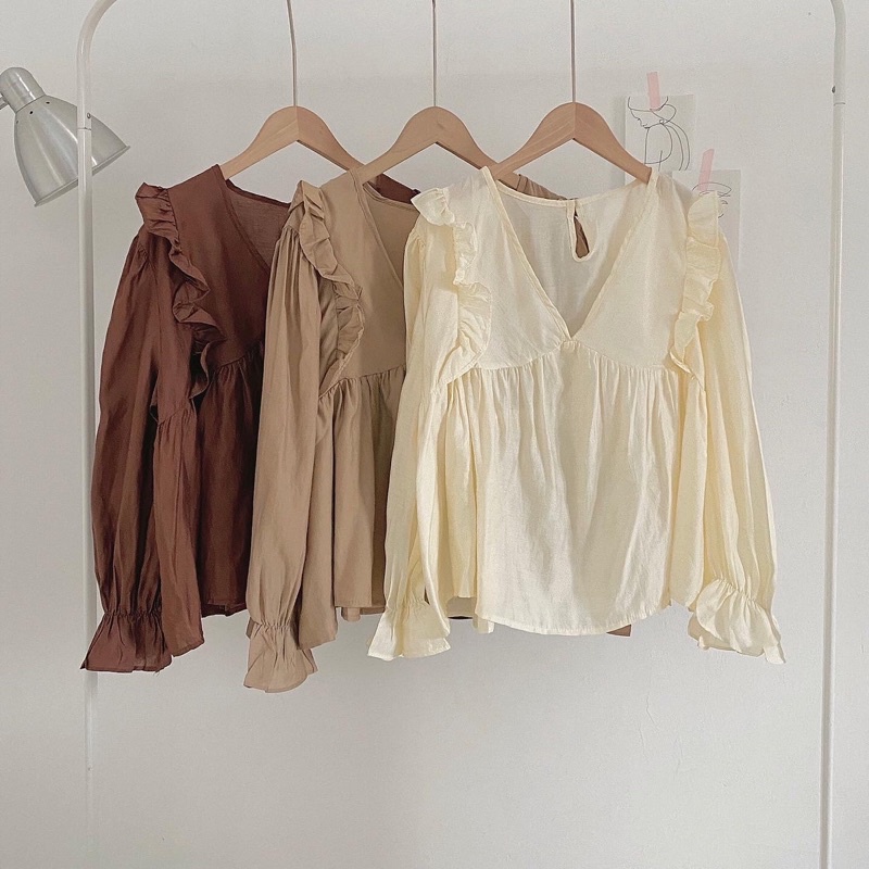 Áo cổ V tiểu thư tay loe phong cách Hàn Quốc Vintage