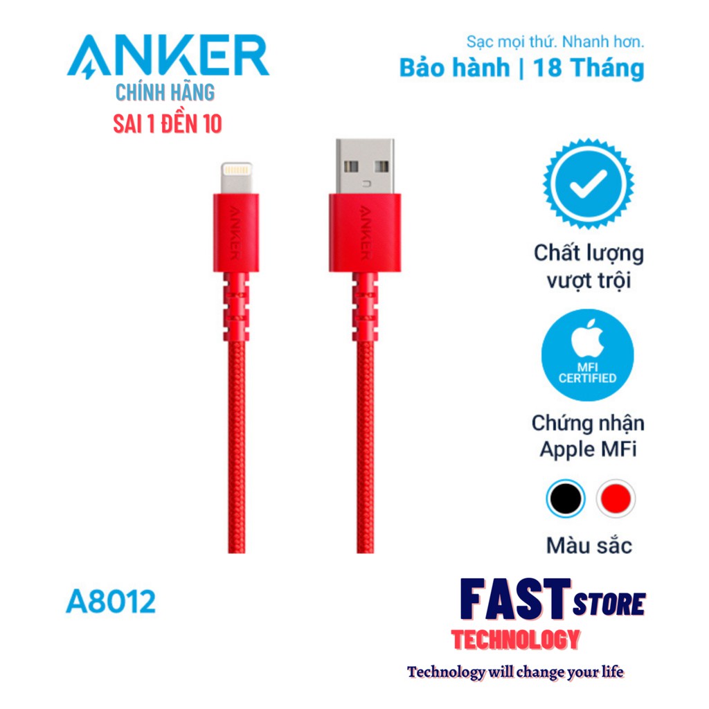 [Chính hãng] Cáp Lightning Anker PowerLine Select+, dài 0.9m -A8012 1.8m - A8013 có chứng nhận MFI cho iphone ipad