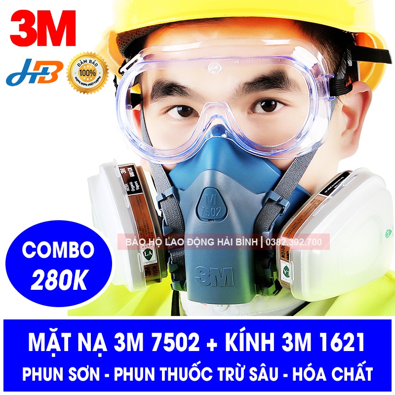 [COMBO] Trọn Bộ Mặt Nạ Phòng Độc 3M 7502 + Kính Bảo Hộ 3M 1621 (Mặt Nạ Phun Sơn, Phun Thuốc Trừ Sâu, Chống Hóa Chất).