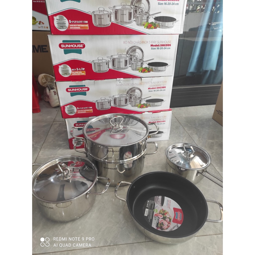 BỘ NỒI CHẢO INOX 5 ĐÁY SUNHOUSE SHG995