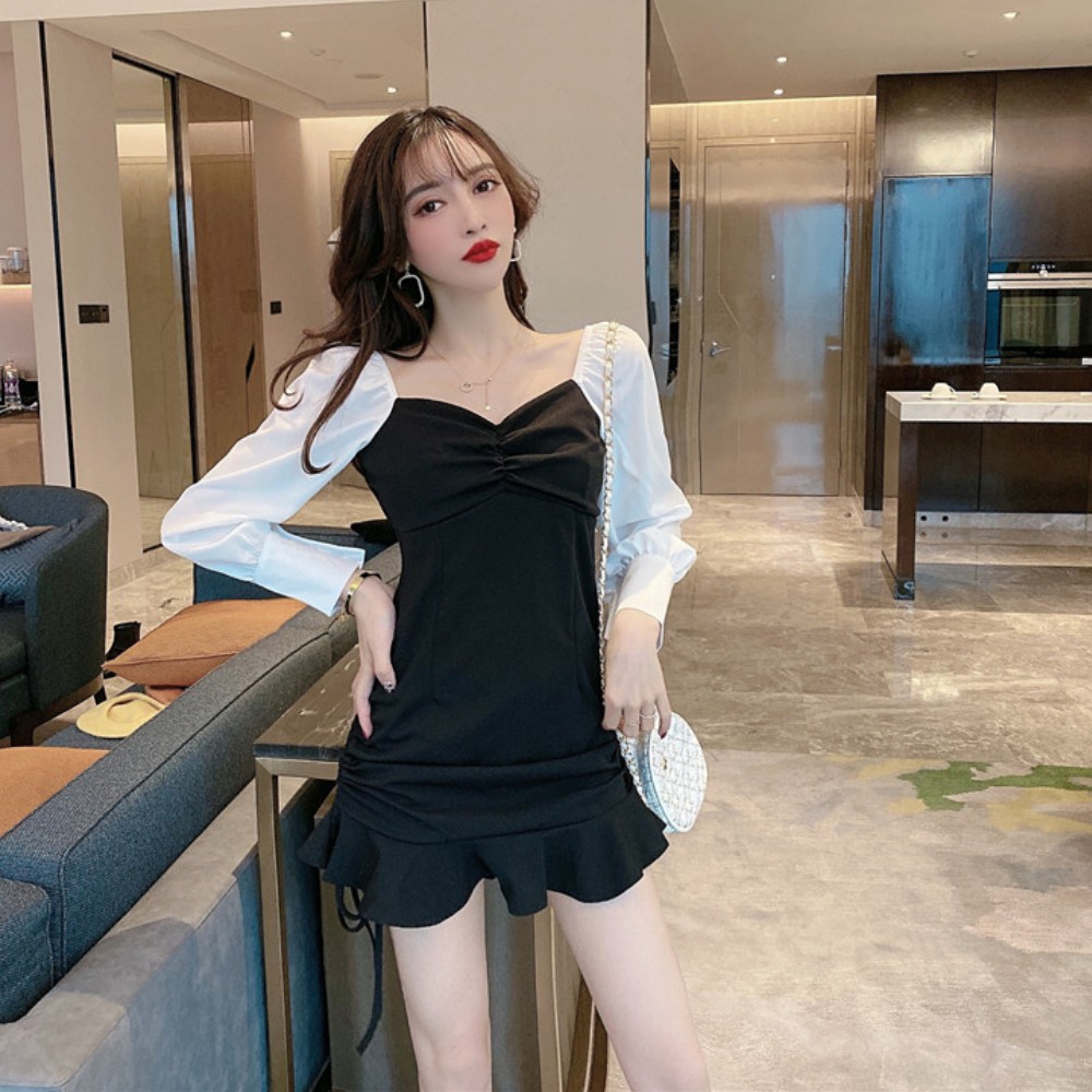 Váy nữ, đầm nữ dài tay cổ chữ V xòe đuôi cá dây rút xếp ly gợi cảm điệu đà phong cách Hàn Quốc ATILA.SHOP | BigBuy360 - bigbuy360.vn