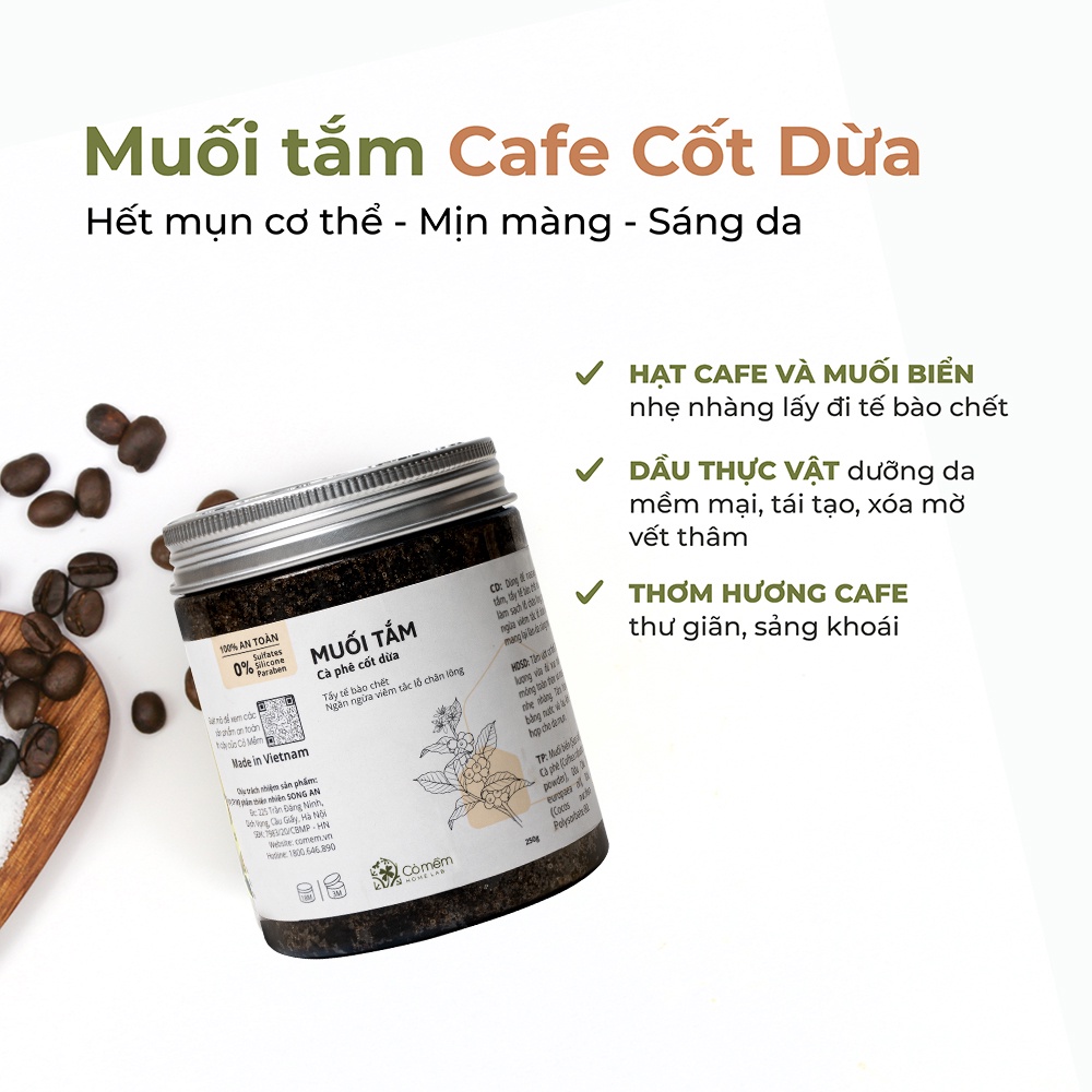 Muối Tắm Tẩy Da Chết Body Cafe Cốt Dừa Giúp Body Sáng Mịn Cỏ Mềm 250g