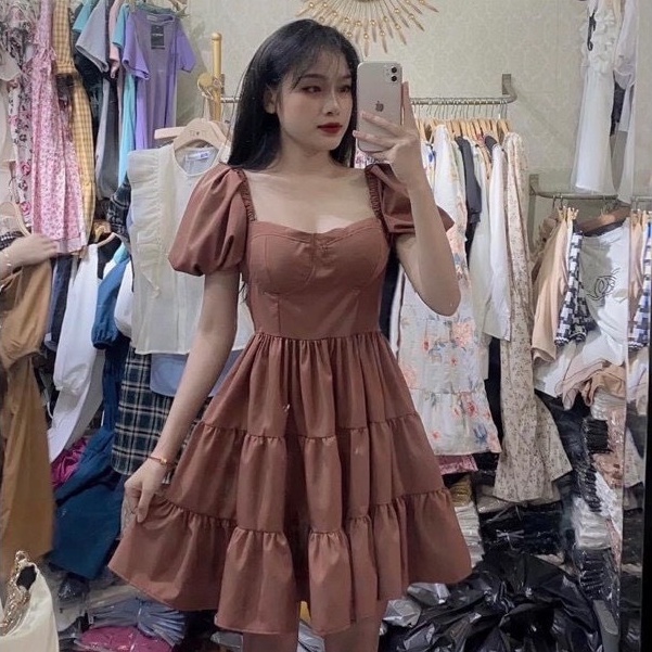 Váy nữ babydoll cổ vuông tay phồng cup ngực dáng xòe Shinosha V0026 | BigBuy360 - bigbuy360.vn