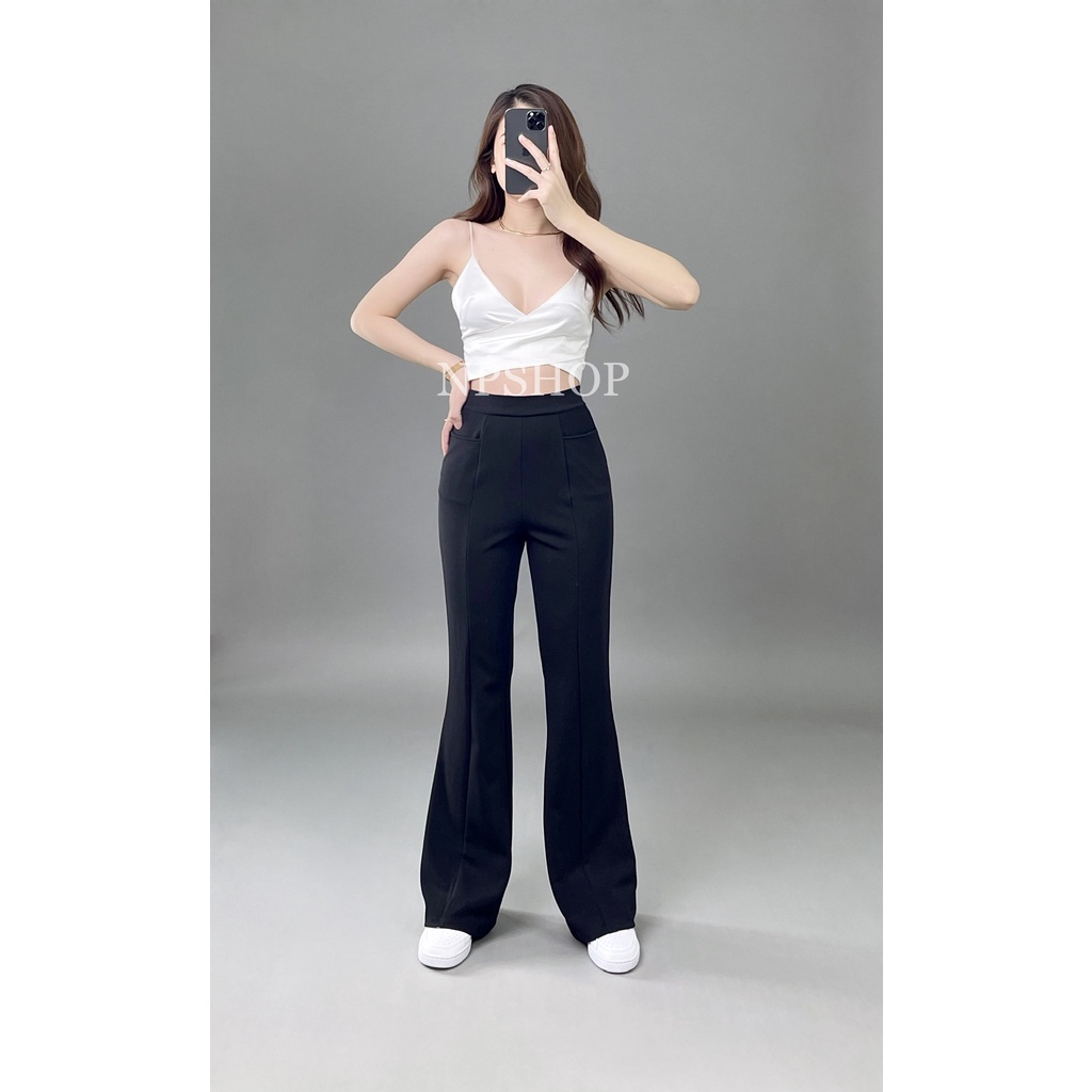 Quần tây ống loe NPSHOP lưng cao trơn dài, quần ống bas cạp cao vải tây cát mềm co giãn NPQ044