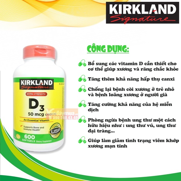 Viên Uống Vitamin D3 Kirkland Extra Strength D3 50mcg 600 Viên Mỹ