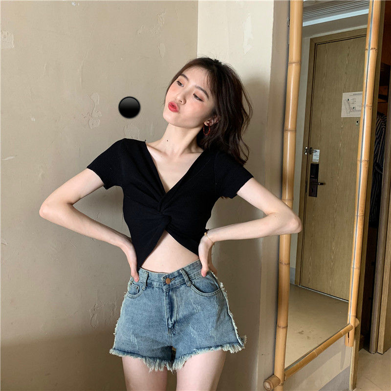 Áo croptop BH dệt kim cổ chữ V màu trơn phong cách Hàn Quốc thời trang cho nữ