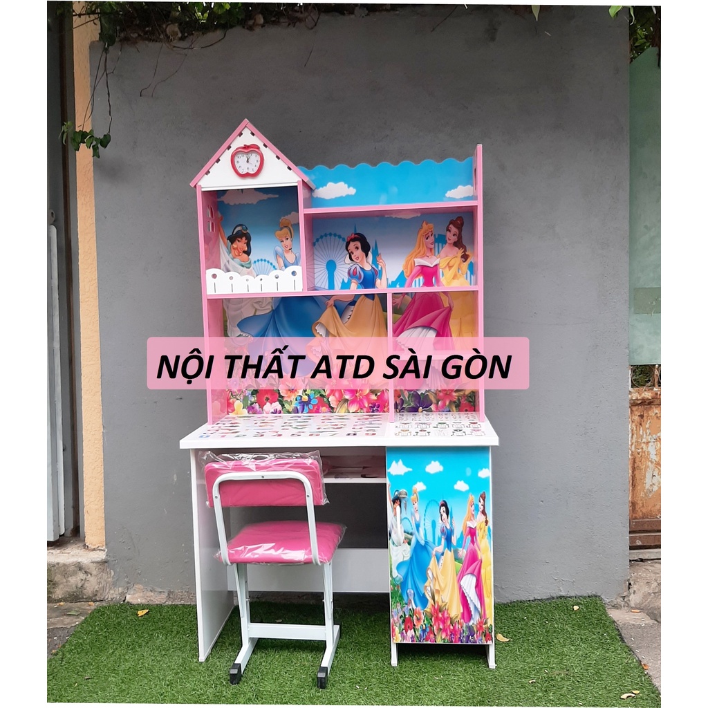 BÀN HỌC SINH NHỰA CÓ KỆ SÁCH, ĐỒNG HỒ IN HÌNH CÔNG CHÚA CHO BÉ GÁI