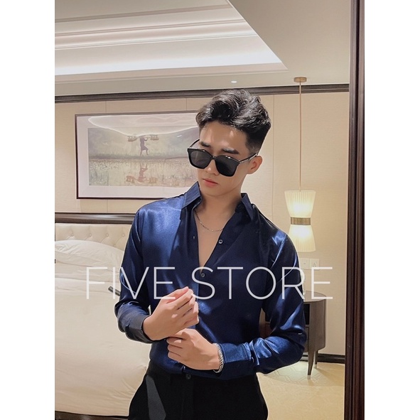 Áo sơ mi lụa xanh đen